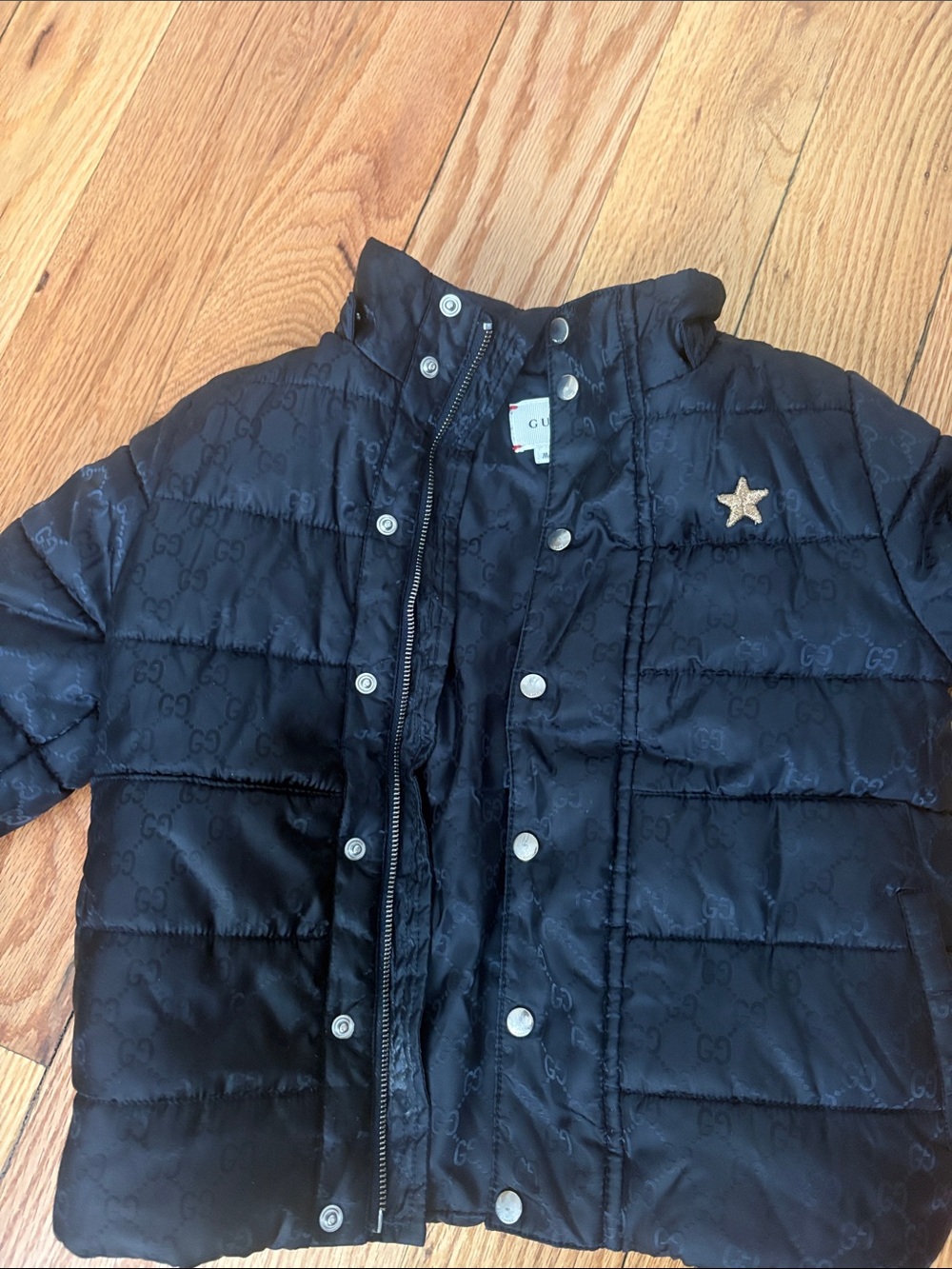 Gucci Kids Black Quilted Puffer Jacket with Gold Star